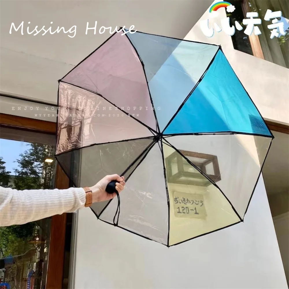 Rainbow Transparent Umbrella Fully Automatic Korean Student Folding Long Handle Umbrella Male Female Triple Fold Thickened Rain