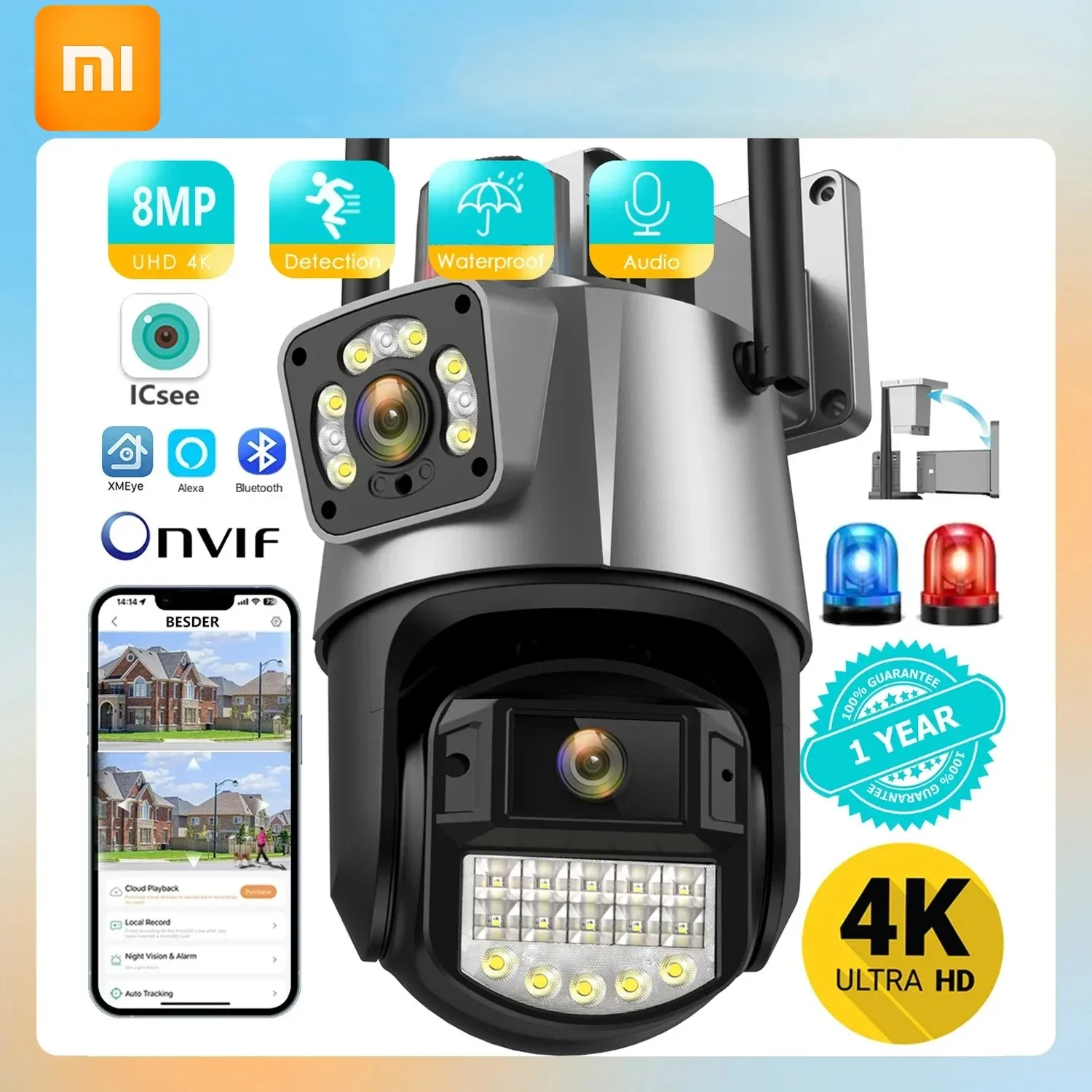 Xiaomi 8MP 4K Wifi Camera Dual Lens Security Waterproof Security Video Surveillance Camera Police Light Alarm IP Camera