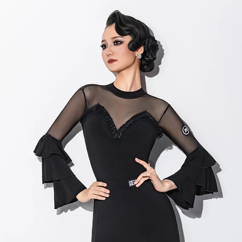 

Национальный стандарт 2022, танцевальная одежда для женщин, сетчатое боди с длинными рукавами, топы для современных танцев, бальная одежда для вальса для взрослых, DQS20794