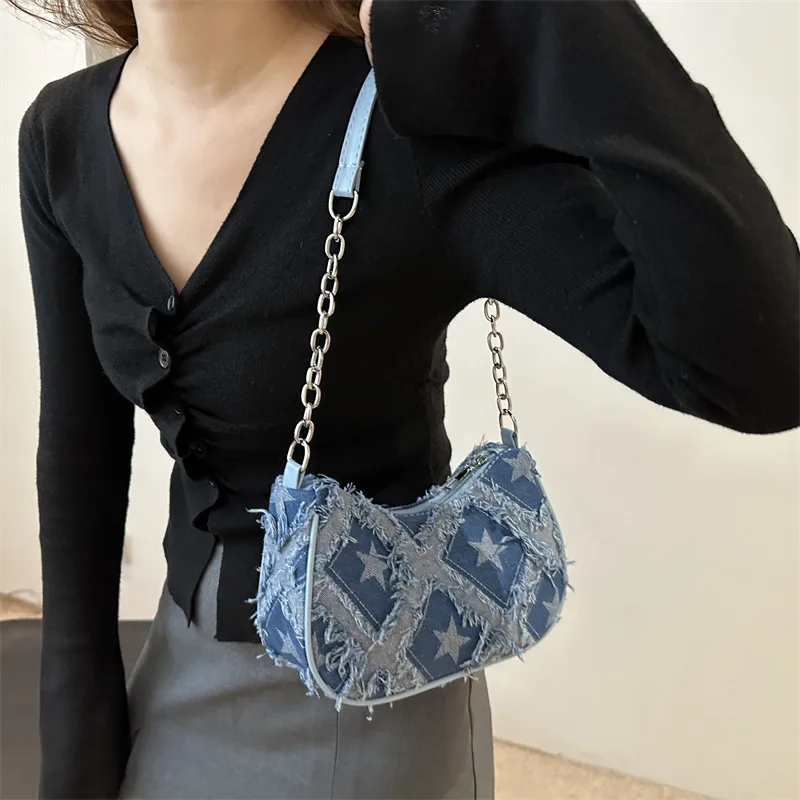 Damen-Tragetasche mit Sternmuster, blauem Distressed-Design, goldfarbene Hardware, stilvolle Handtasche, Umhängetasche für den täglichen Gebrauch – Detail 17
