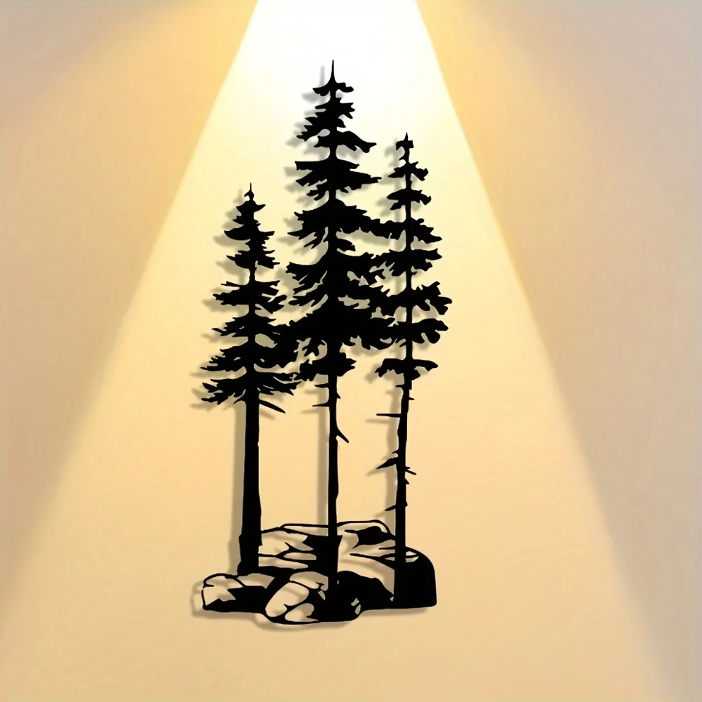 Brand 2D Flat Elegant Iron Metal Wall Art,Laser‑Cut Abstract Christmas Tree On Rock Silhouette Decor