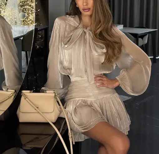 

2025 Autumn New Women's Fashion Bow Top High Waist pleated Skirt Casual Set Women's Wear