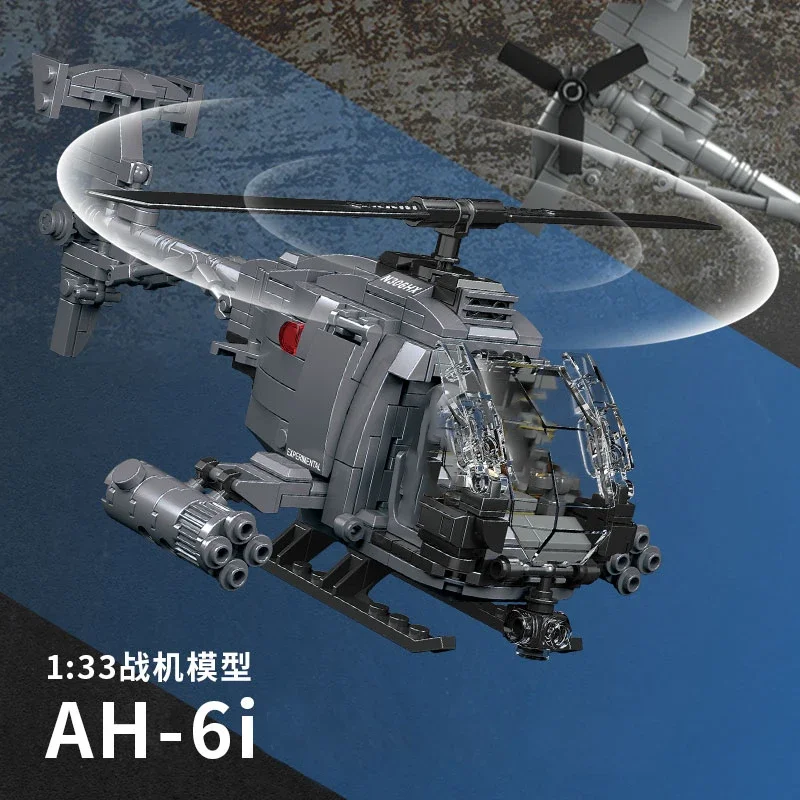 Diy Military WWII AH-6i Helicopter Fighter Model Aircraft Soldier Building Blocks Sets Airplane Dolls Brick Assemble Toys Gifts