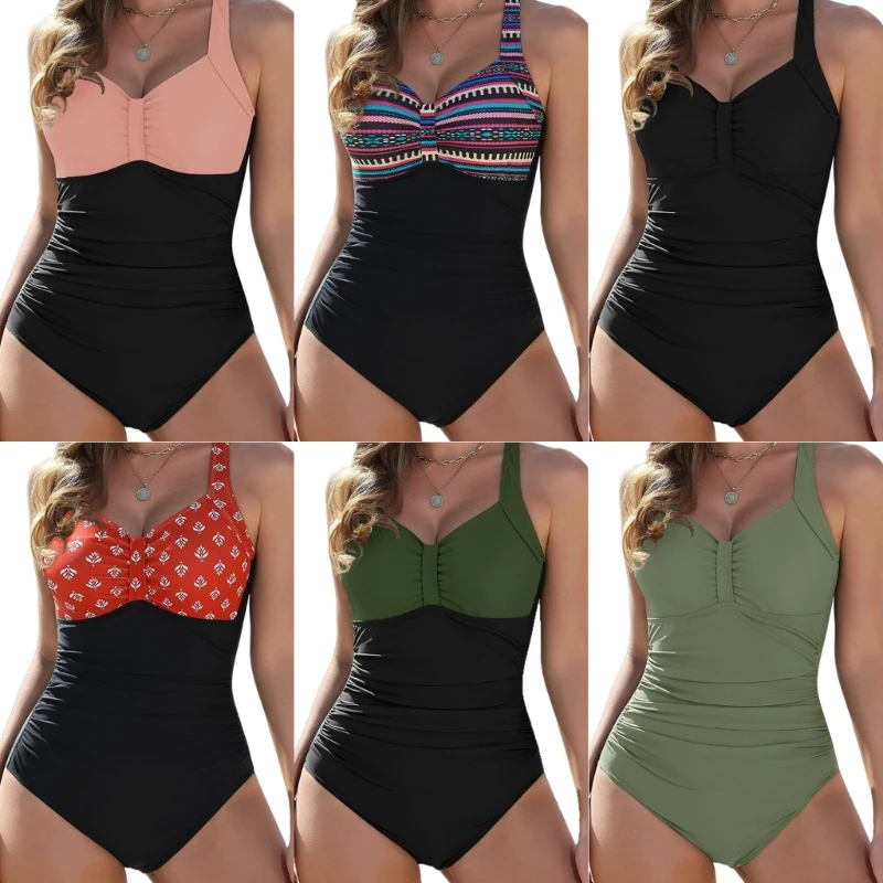 

E8BF Womens Ruched Swimwear Female V-Neck Bathing Suit Push Up Swimming Suit Ladies 1 Pc Swimsuit for Beachwear
