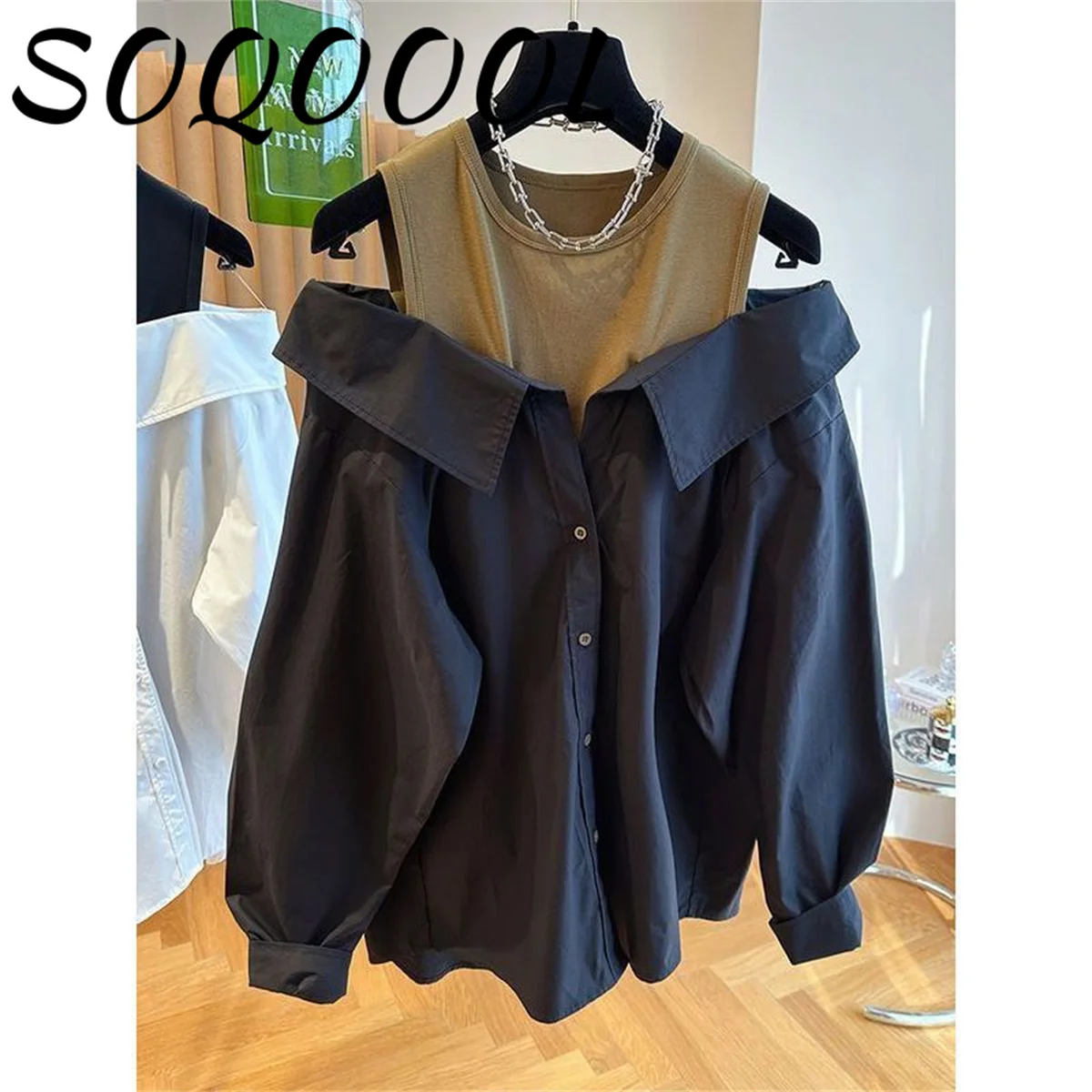 Women False Two-piece Polo Collar Blouse Loose Tank Top Spliced Long Sleeve Shirts Off the Shoulder Blouses Autumn Pullovers Top