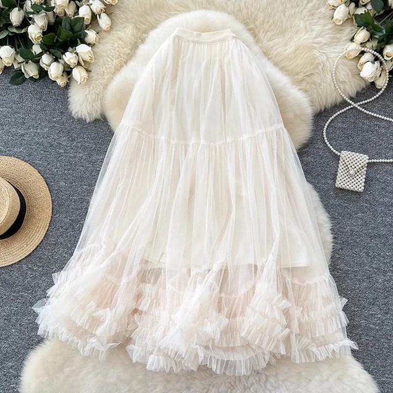 Fairy Mesh Skirt Winter Gentle Wind Niche High Waist Thin Word Fungus Edge Puffy Gauze Skirt High Appearance Level  High Quality