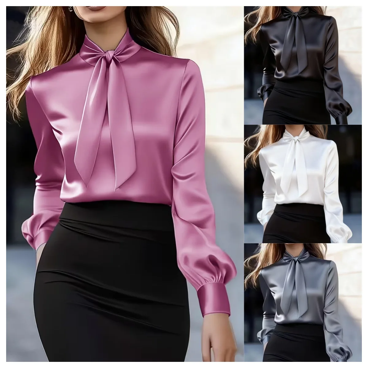 

Spring Summer New Fashion Satin Women Long Sleeved Shirt Simple Solid Color Female Bow Collar Office Blouses