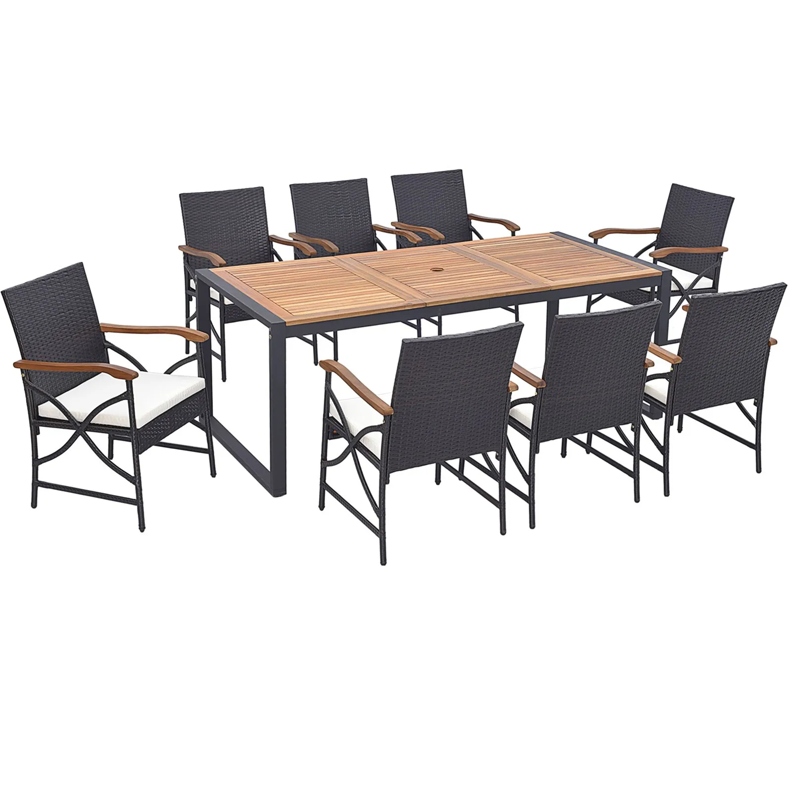 

9 PCS Outdoor Rattan Dining Set with Acacia Wood Table 1.9" Umbrella Hole