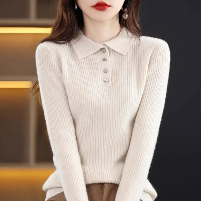 

Women's Autumn and Winter Casual Simplicity Solid Color Polo Collar Long Sleeve Knitwear Women Clothes Fashion Elegant Sweater