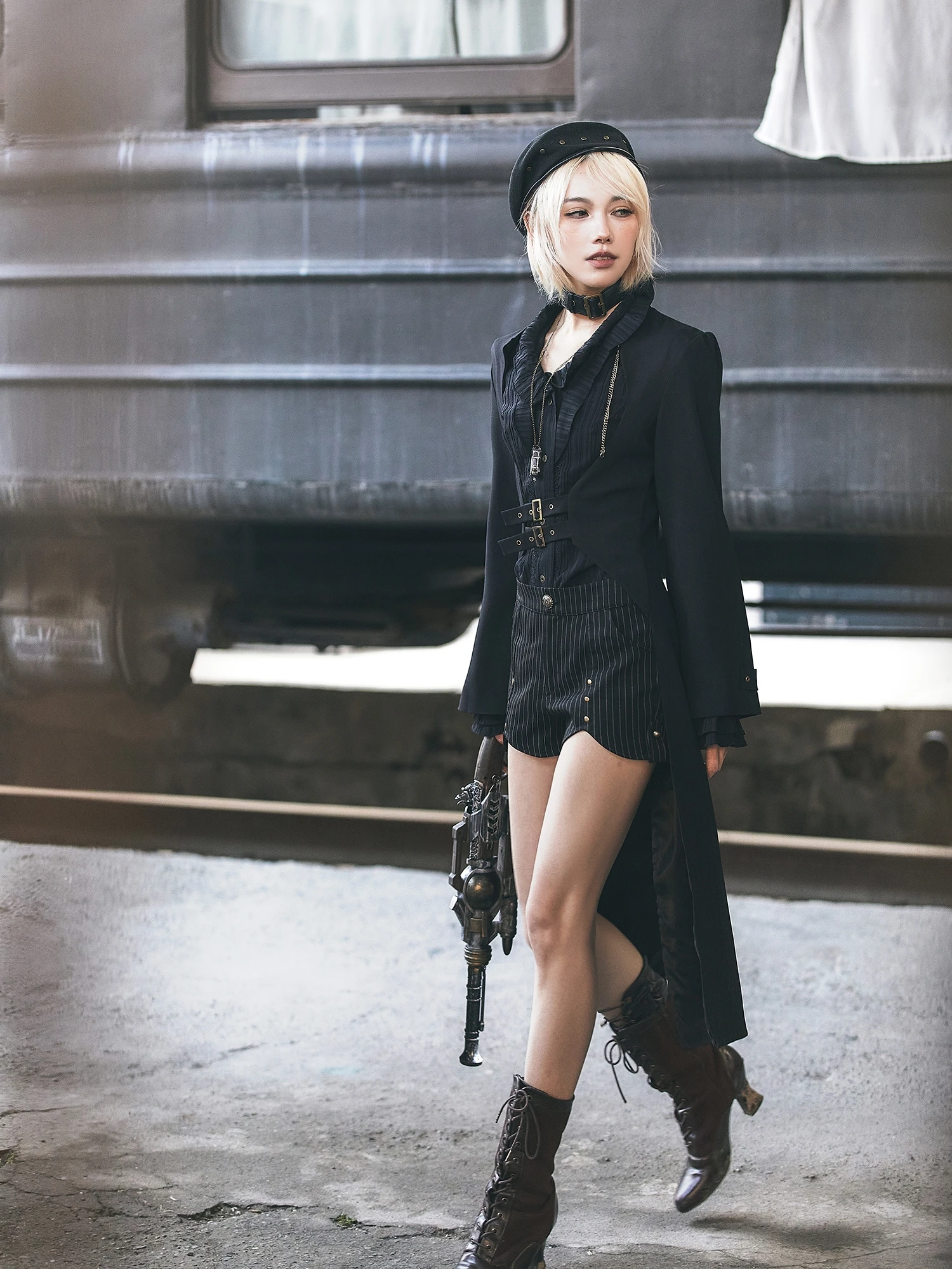 

St Continent Bla Gothic Punk Slim Fit Tailored Mid-Length Open Cardigan Outerwear Polyester Long Sve Original Design