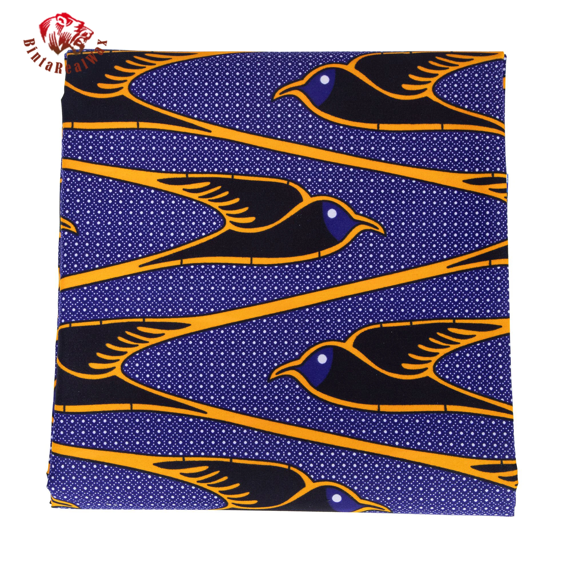 African Wax Print Fabric, Blue Background with Yellow & Black Bird Pattern, 100% Polyester Ankara Fabric for Dress, Skirt FP6705 view 4