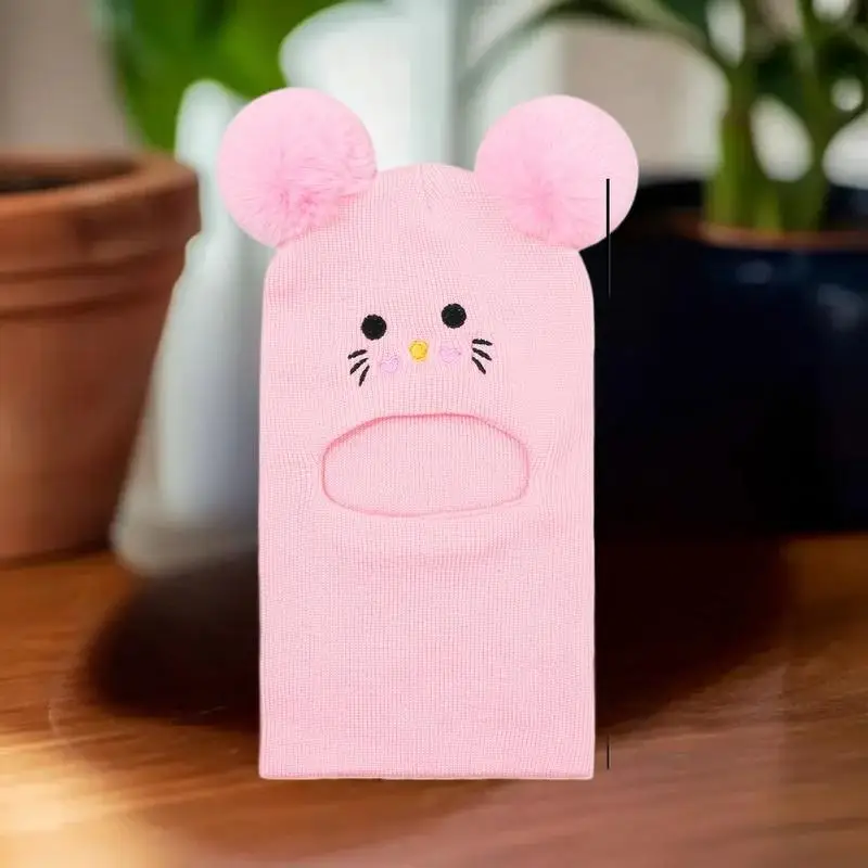 1 tocado de doble pompón con bonito bordado de dibujos animados, tejido para cobertura completa de rostro y cuello, resistencia al viento y al frío