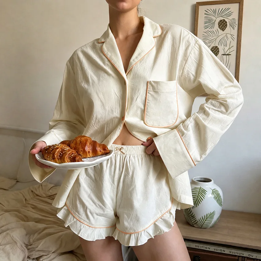 2026 Pajamas Women's Autumn and Winter Long-sleeved Shorts Two-piece Set Skin-friendly and Breathable Loungewear Women