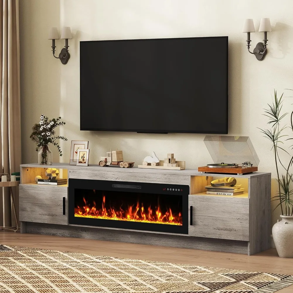 

TV Stand, 80 TV Fireplace Stand Entertainment Center Console with 42 Electric Heater, LED Light/Storage Cabin