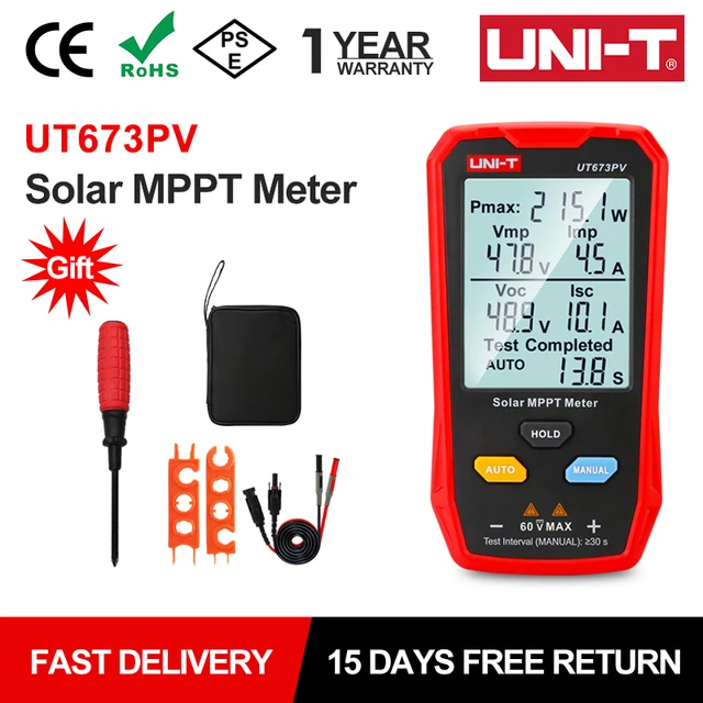 UNI-T UT673PV Miernik MPPT do energii słonecznej Tester maksymalnej mocy Paneli fotowoltaicznych Tracker Napięcie szczytowe otwartego obwodu Pmax Lmp Voc Lsc Test