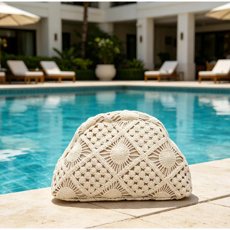 Vintage Häkel-Clutch, Retro-Handtasche für Damen, Sommer Boho Nieten-Dekor, gerüschte Handtasche mit wolkenförmigem Verschluss – Detail 12