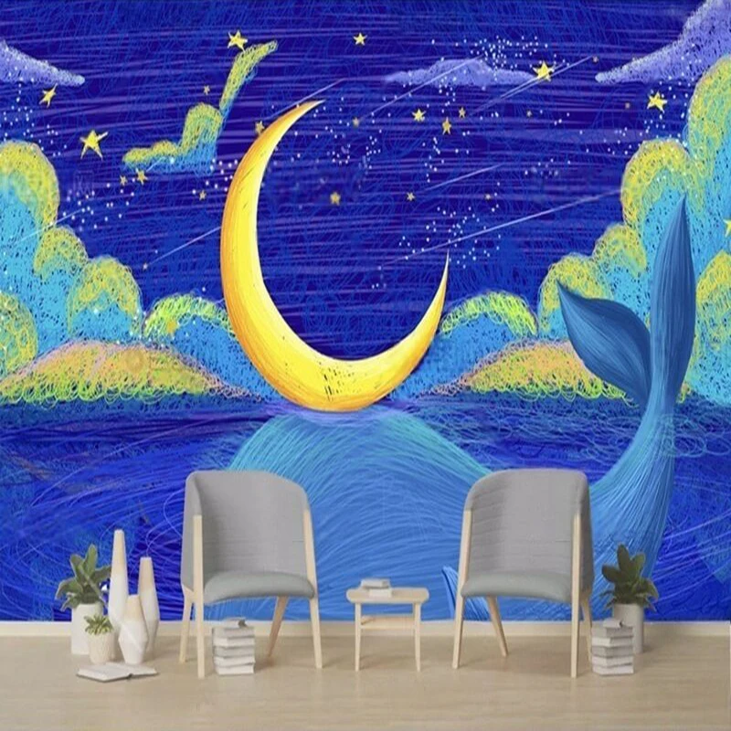 Personalized Creative Dreamy Coil Painting Of Dolphins Moon Colorful Clouds And Colorful Paintings As A Popular Background Wall
