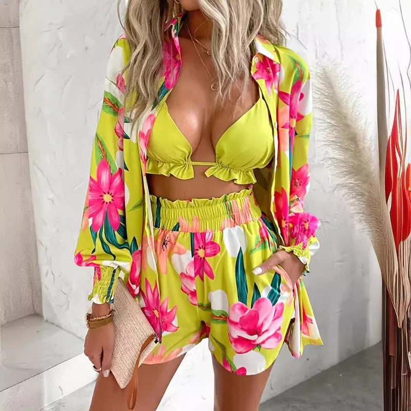 

2024 Spring Summer New Women's Clothing Sexy Camisole Long Sleeve Lapel Shirt Elastic Waist Shorts Three-Piece Set