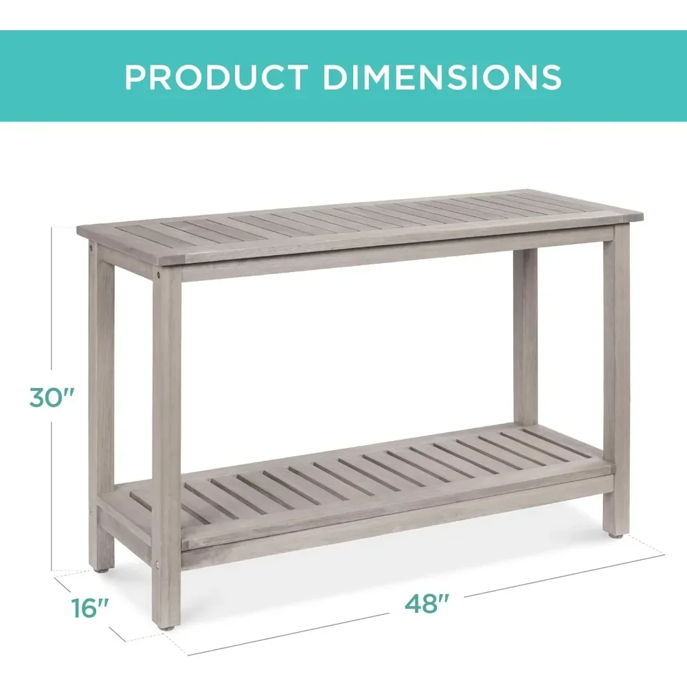 48in Outdoor Table with Foot Sliders, 2-Shelf Eucalyptus Wooden Console Tables, Multifunctional Patio Table