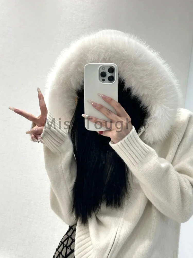 Vintage Hooded Faux Fur Collar Sweater Coat Women 2024 Autumn Winter Lazy Double Zippers Knit Cardigan Solid Casual Short Tops