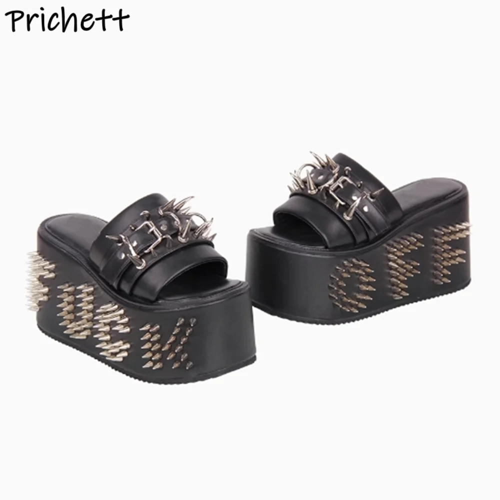rivet buckle belt slippers peep toe thick soled black leather dark punk slip on high increase shoes summer cool girls shoes 2025