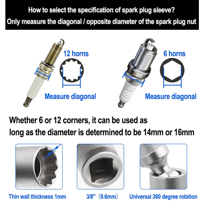 14mm Magnetic Swivel for Spark Plug Socket With 12-Point 1mm Thin Wall for Spark Plug Socket 3/8-Inch Drive Tool Drop Shipping