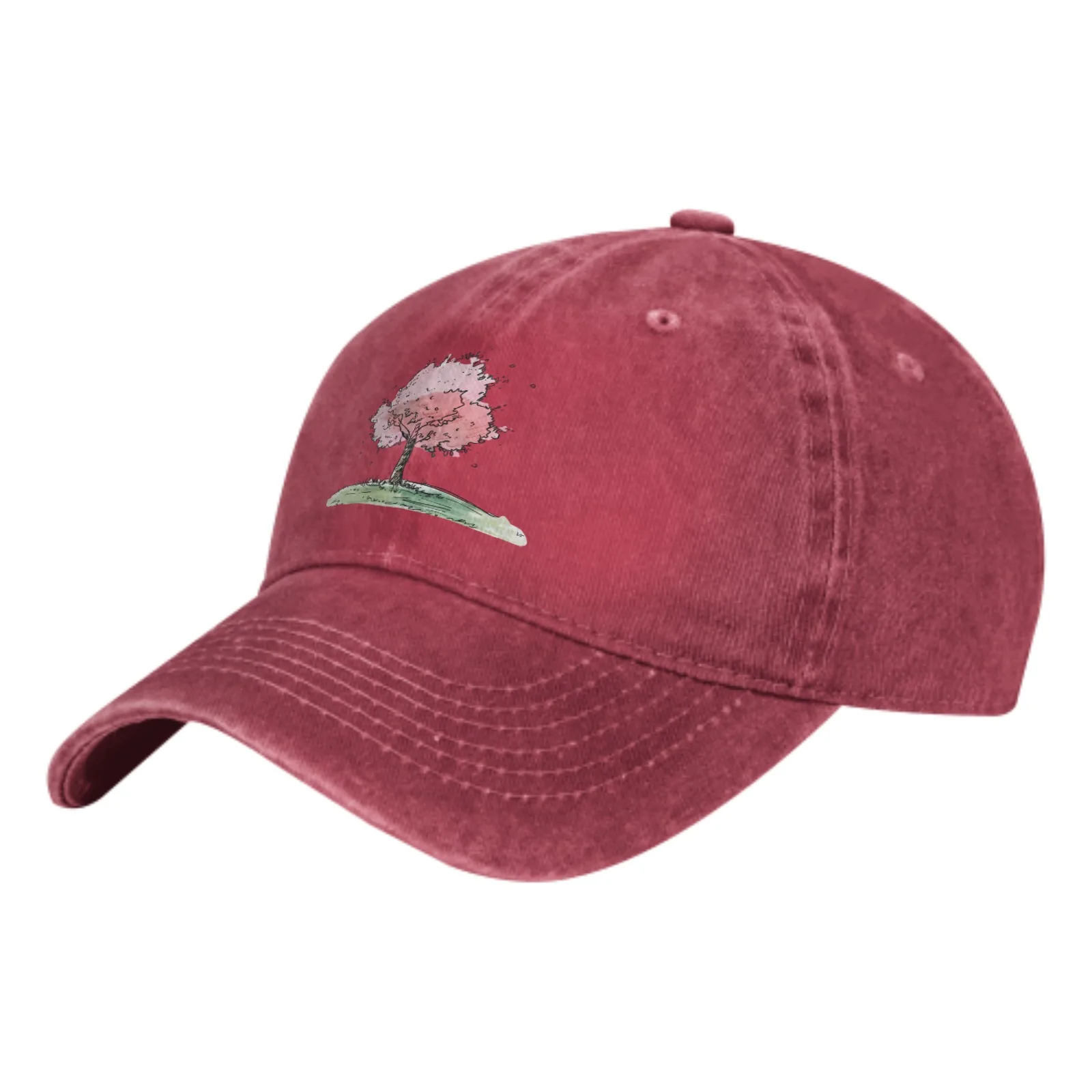 Cartoon Tree Pink Cherry Tree In Grassy Field Blue Sky Cotton Trucker Hat Summer Dad Cowboy Cap Outdoor Leisure Basketball Caps