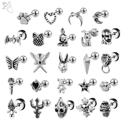ZS 1-2pcs/lot Punk Stainless Steel Stud Earrings Skull Heart Butterfly Shape Ear Studs Cartilage Tragus Helix Piercings Jewelry