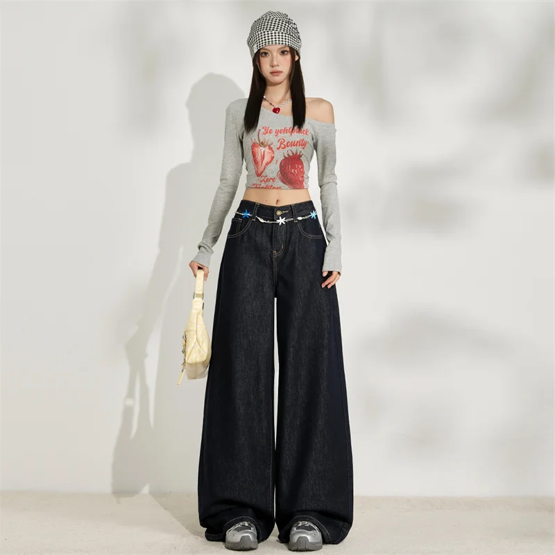 Celana Jeans Wanita Biru Gothic Baggy Y2k Emo Gaya Jepang 2000-an Vintage Harajuku Oversize Boyfriend Denim Musim Gugur