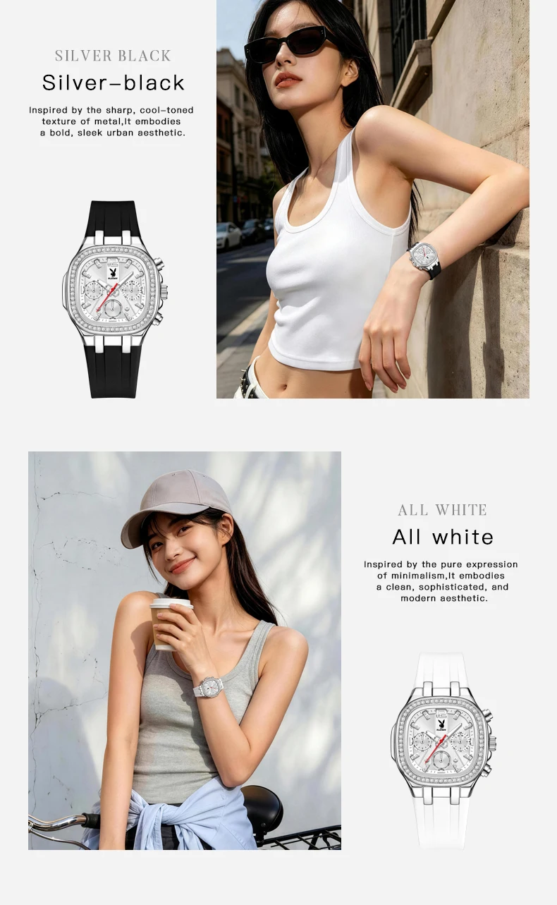 PLAYBOY 3076 Chronograph Quarzuhren für Damen Wasserdicht Leuchtend Elegantes Silikonarmband Diamantlünette Luxus Damenuhren – Detail 9