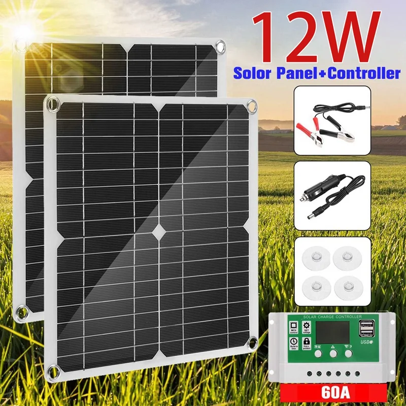 2X 12W Solar Panel Kit 60A 12V Battery Charger With Controller Caravan Boat