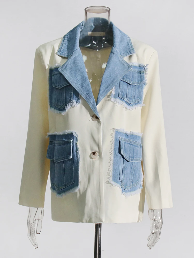 Colorblock Patchwork Denim Jacket For Women Notched Collar Long Sleeve Spliced Pocket Casual Blazer Female Style