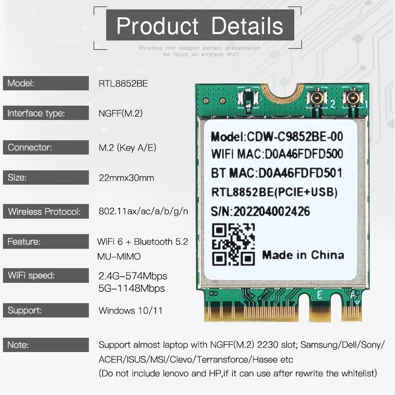 WiFi 6 Dual Band AX1800 Realtek RTL8852BE M.2 NGFF Adapter Bluetooth 5.0 Wireless 802.11AX 2.4G/5G Wlan WiFi Card For Laptop/PC