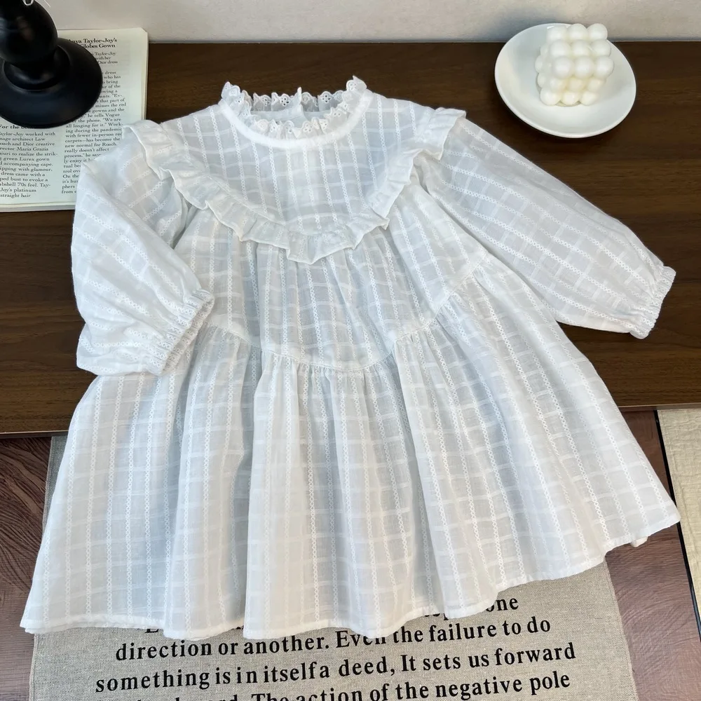 

Girls' Lotus Leaf Collar Princess Skirt Autumn and Winter New Simple Style Pattern Pure White Comfortable Korean A-shaped Skirt