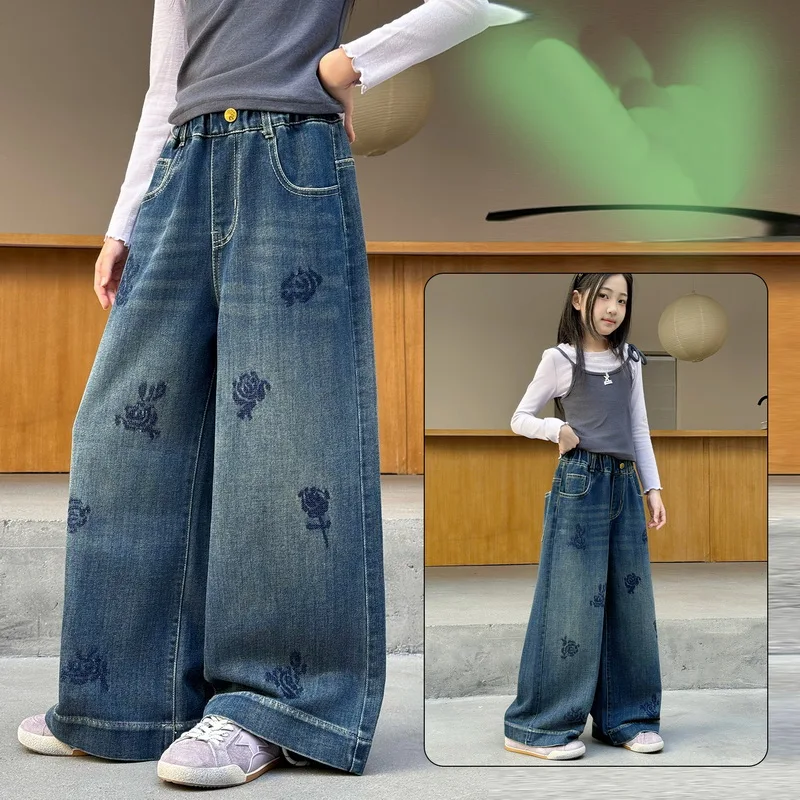 Autumn Kids Loose Straight Jeans with Floral Pattern for Teen Girls Fashion Street Style Denim Pants Children's Wide-leg Trouser