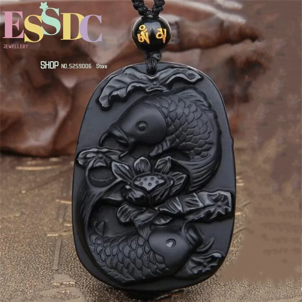 Natural Black Obsidian Double Carp Pendant Beads Necklace Charm Jewelry Fashion Lucky Amulet Gifts for Women Men