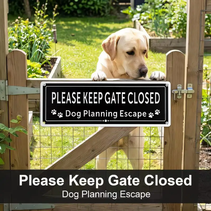 Please Keep Gate Closed - Dog Planning Escape Humorous Metal Sign, Black & White Paw Print, Iron, Retro Fun Decor for Garden/Yar