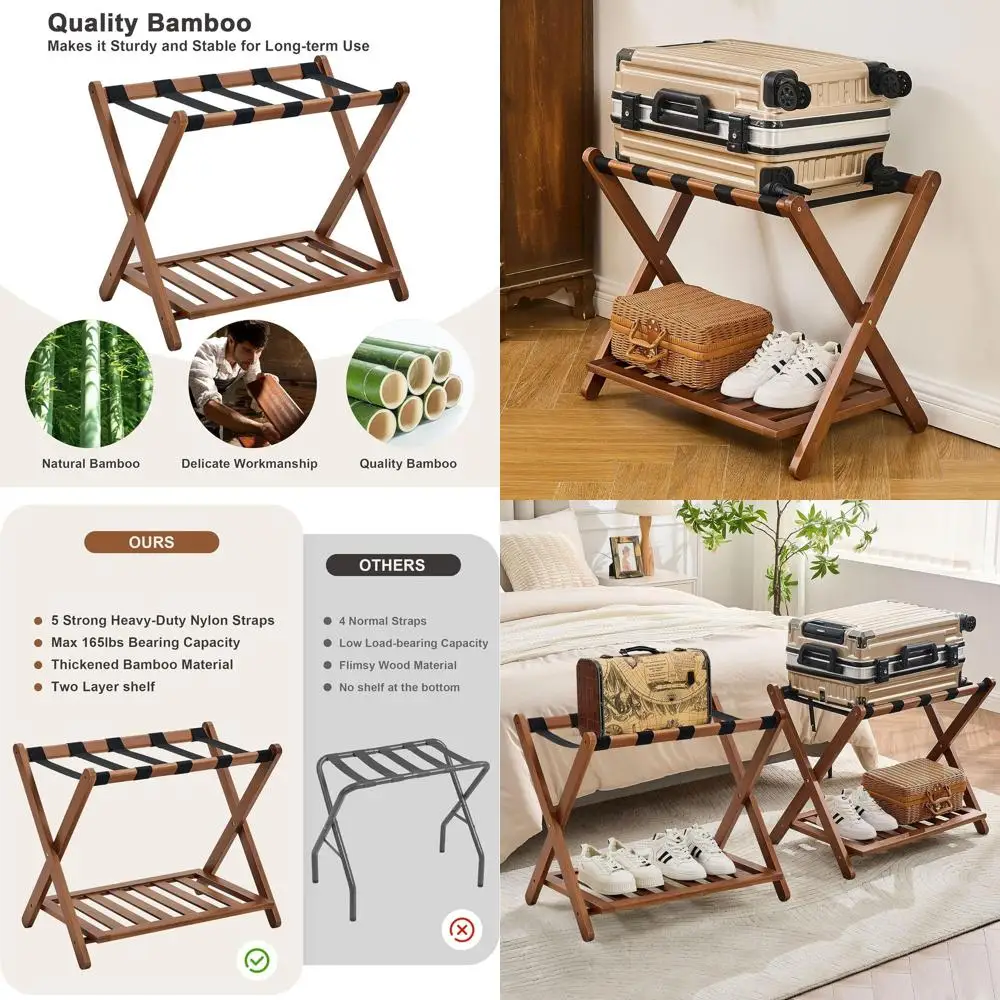 Coppia portapacchi in noce con supporto in bambù, 5 cinghie in nylon, portaoggetti pieghevole 26,77 per valigie per camere da letto, supporto