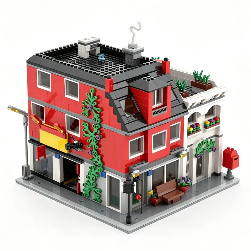 1954PCS City Corner Pizza Restaurant And Bakery Modular Building MOC Model Custom Building Blocks Educational Toy Gift For Kids