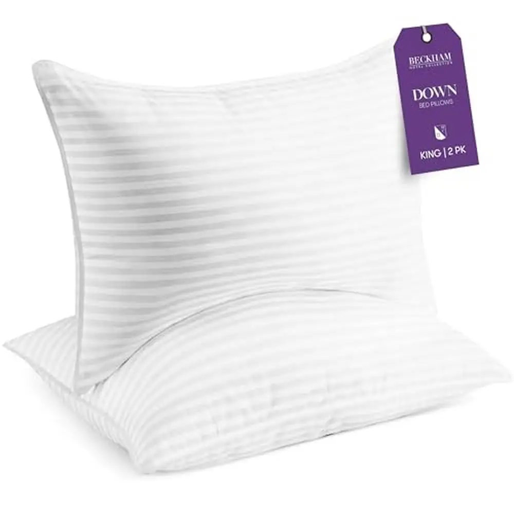 King Size Down Bed Pillows Set of 2 Back Stomach Side Sleepers White Cover 460 Thread Count Easy Clean Queen Pillow Safe & Cool