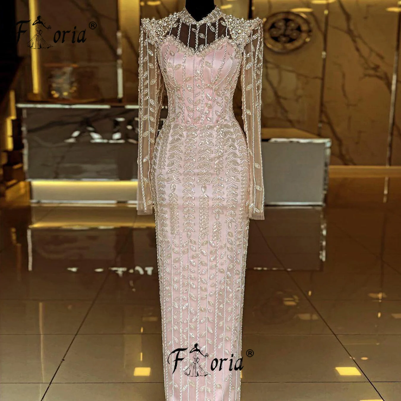 Gorgeous Full Beading Pearls Dubai Evening Dresses Long Sleeve Floor Length Arab Wedding Party Gowns vestidos de ocasión formale