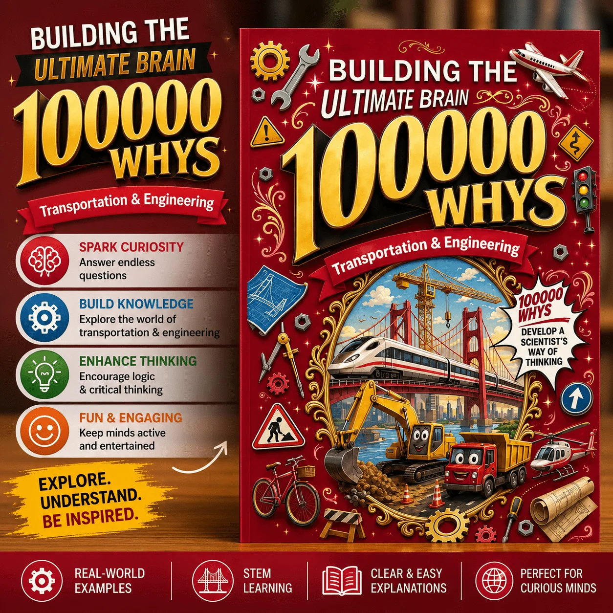 100000 Whys Transportation and Engineering Book, Fun Science Q&A Book About Vehicles, Machines, Construction and How Things Work