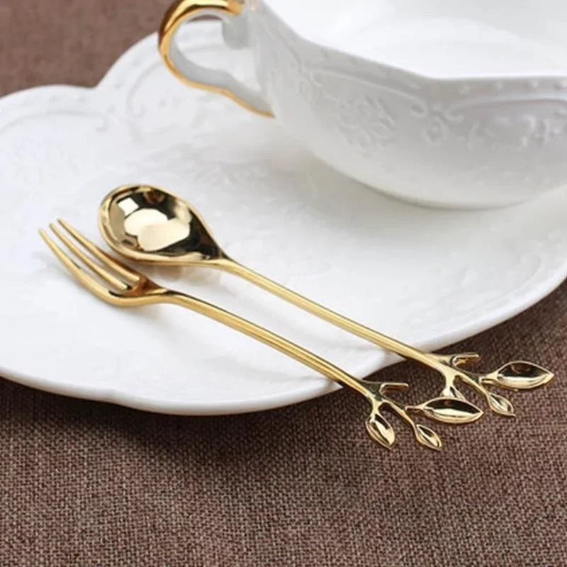 Alloy Gold Shaped Leaves Silver Copper Coffee Forks Fork Kitchen Cutlery Dining Room Snack Bar Sweet Dinner Set 12cm