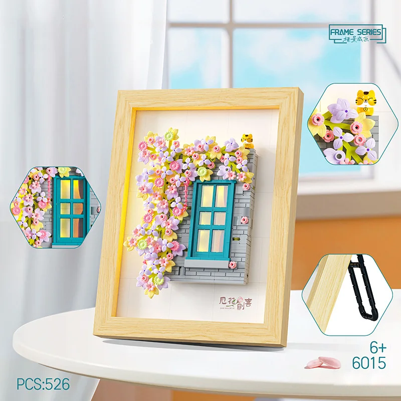 

Creative Flower Window House Moc Mini Block 3D Wooden Photo Frame Building Bricks Model Assemble Toy With Light For Gifts