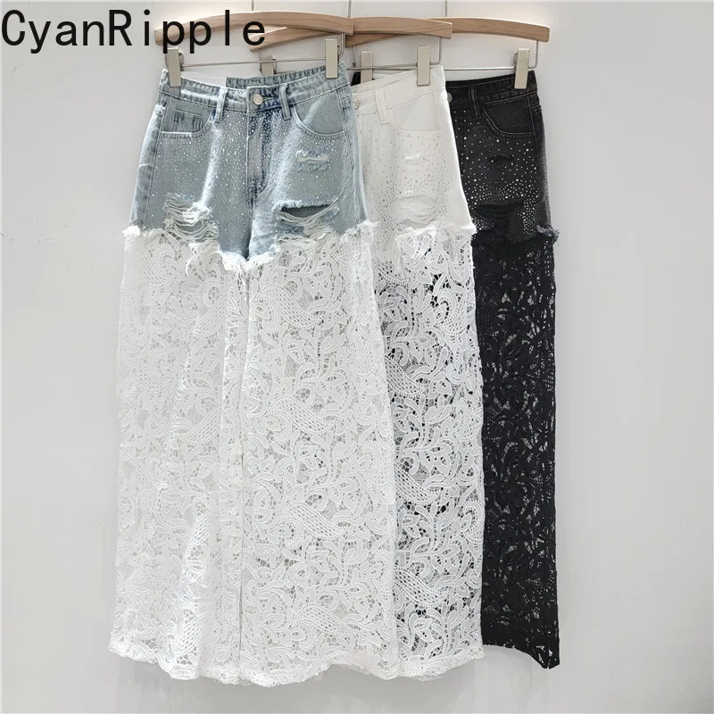 Fashion New Spring Summer High Waist Wide Leg Jeans Women All-match Hot Diamonds Hollow Out Lace Splicing Denim Straight Pants