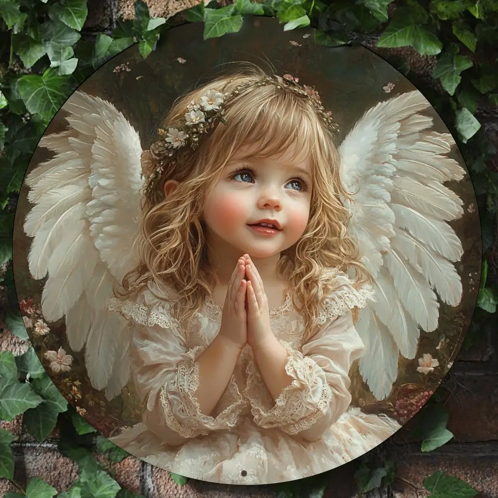 8in 2D Wooden Disc Girl Front Prayer Model Vintage Wall Art for Indoor Outdoor Decor Home Bar Garage Cafe Garden
