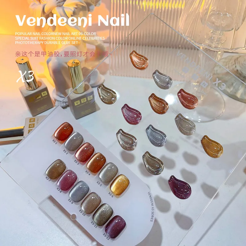 VENDEENI 12 สีกาแฟสีแมวตาเล็บเจลชุดเล็บ Salon 2024 ใหม่ขายร้อนปลอดสารพิษ UV เจลเล็บชุดที่กําหนดเองขายส่ง