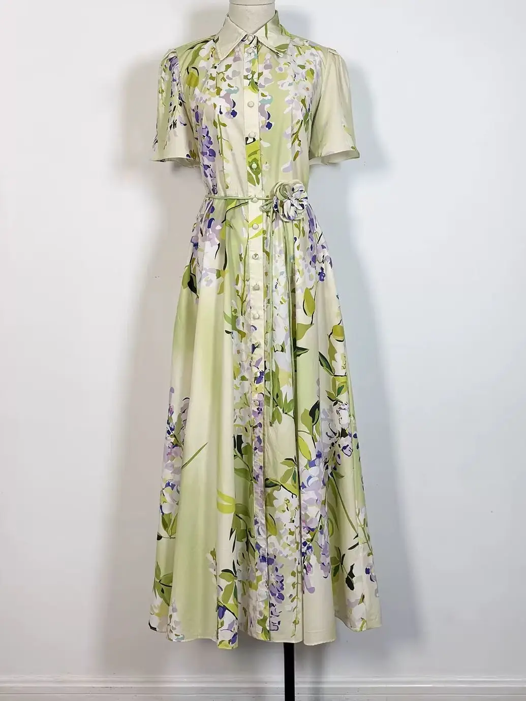 

100% Cotton Women Shirt Dress Floral Printed Turn-down Collar Short Sleeve Single Breasted Casual Female Midi Robe