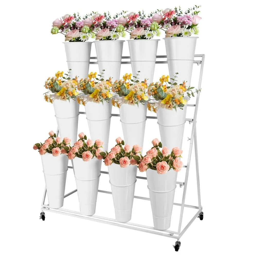 Flower Display Stand with Buckets 3 Layers 12PCS Buckets Metal Flower Cart Display Stand with Wheels for Patio Garden