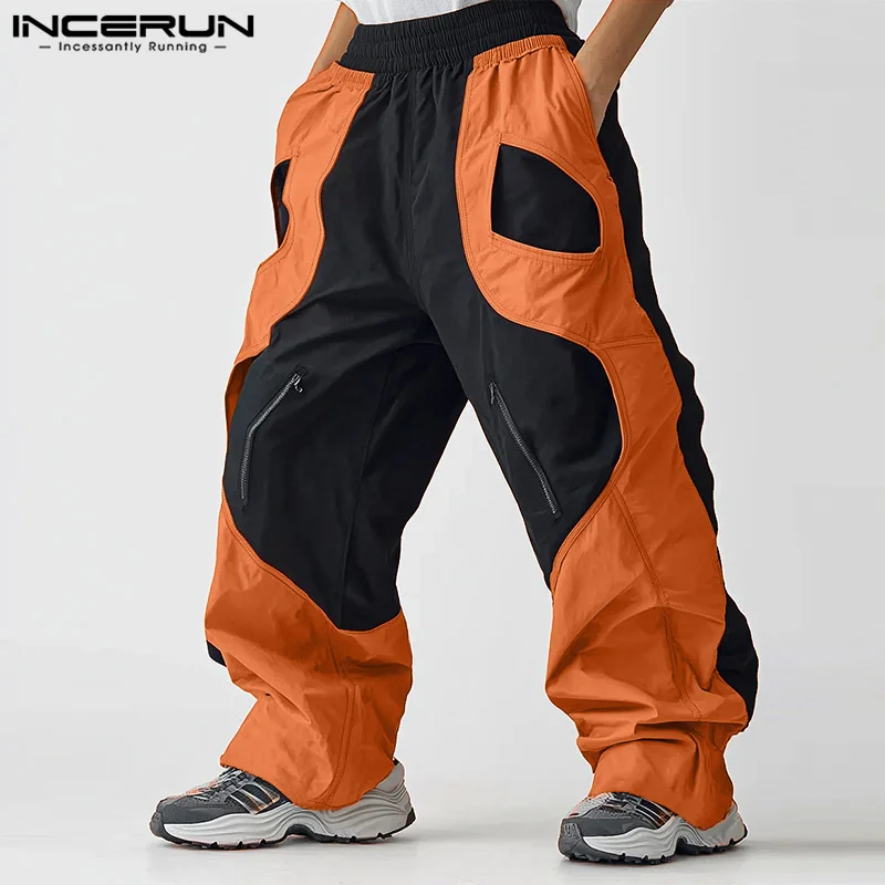 INCERUN American Style Pantalons Casual Men Splicing Color Blocking Design Pant Male City Walk All-match Wide Leg Trousers S-5XL